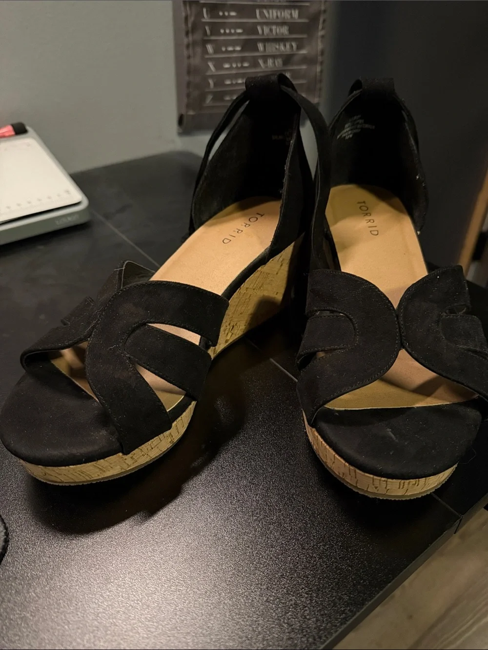 TORRID Black Suede Cork Wedge Sandals